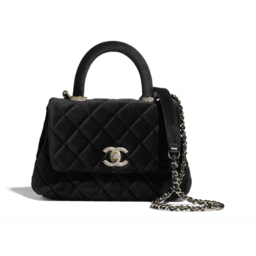 Geantă Chanel mini cu clapă și mâner superior AS2215 neagră