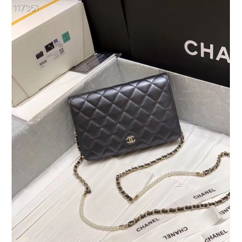 Portofel mini Chanel cu lanț, metal auriu A84277 negru