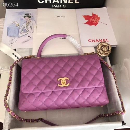 Geantă Chanel originală din piele de vițel cu clapă, mâner superior A92292, metal violet și auriu
