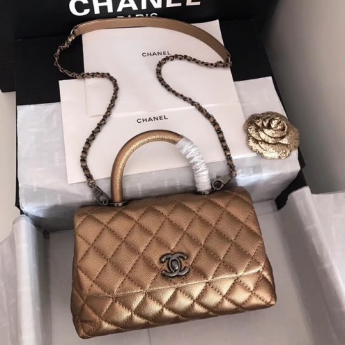 Geantă Chanel originală Caviar din piele cu clapă, mâner superior A92290, metal cu nuanțe de bronz și argintiu