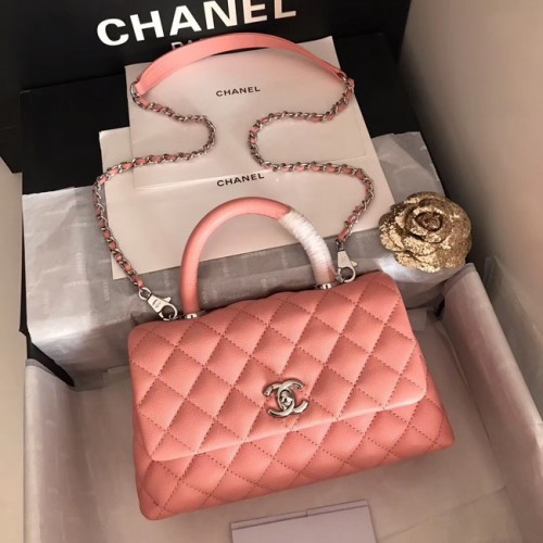 Geantă Chanel originală Caviar din piele cu clapă, mâner superior A92290, roz și argintiu, metal