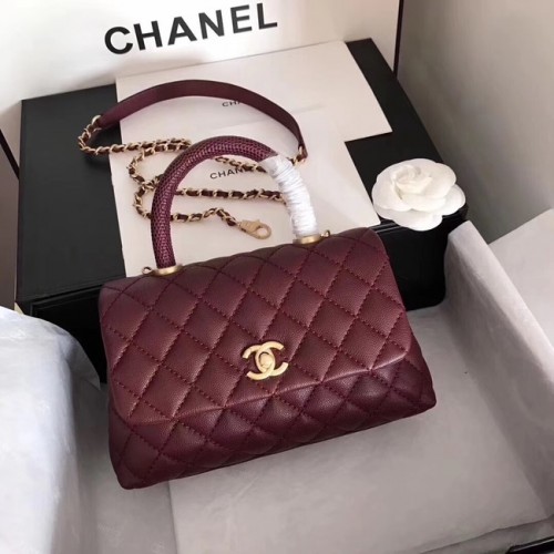 Geantă Chanel originală Caviar din piele cu clapă, mâner superior A92290 violet și metal auriu