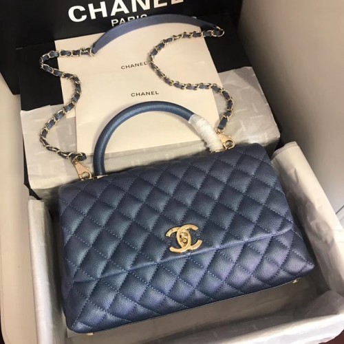 Geantă Chanel originală Caviar din piele cu clapă, mâner superior A92292 albastru și metal auriu
