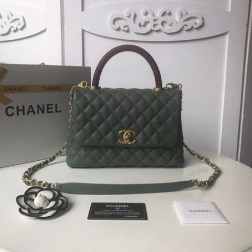 Geantă Chanel originală Caviar din piele cu clapă, mâner superior A92991 Verde negricios