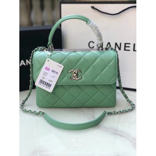 Geantă Chanel originală din piele de miel cu mâner superior AS92236 verde deschis și argintiu - Metal