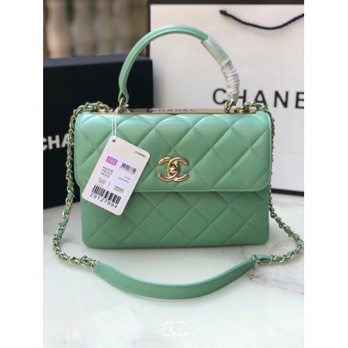 Geantă Chanel originală din piele de miel cu mâner superior, AS92236, verde deschis și metal auriu
