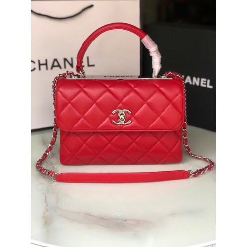 Geantă Chanel originală din piele de miel cu mâner superior AS92236, metal roșu și argintiu