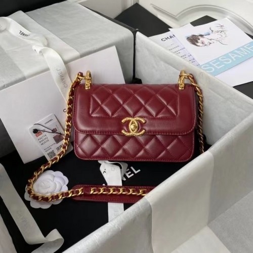 Geantă de umăr Chanel mică cu clapă, piele originală AS2714 Vișiniu