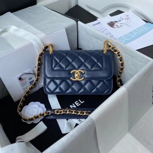 Geantă de umăr Chanel mică cu clapă, piele originală AS2714 albastră