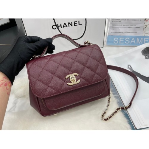 Geantă mică Chanel cu clapă, piele de vițel, metal auriu A93749, vișinie