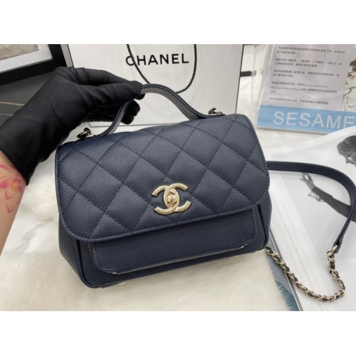 Geantă mică Chanel cu clapă, piele de vițel, metal auriu A93749, albastru închis