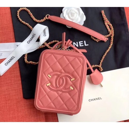 Geantă de toaletă Chanel din piele de vițel granulată, metal auriu AS0988 roz