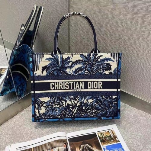 DIOR BOOK TOTE Geantă albastră Dior Palms Broderie M1287