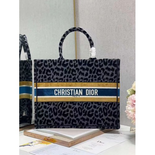 Geantă DIOR BOOK TOTE Broderie C1286-4 Imprimeu leopard negru și gri