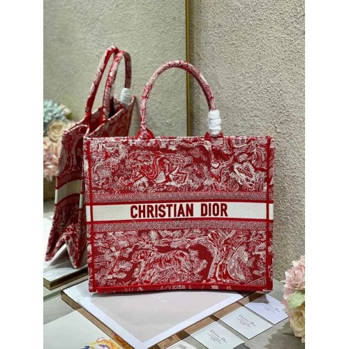 DIOR BOOK TOTE Raspberry Toile de Jouy Reverse Broderie M1286ZR RED