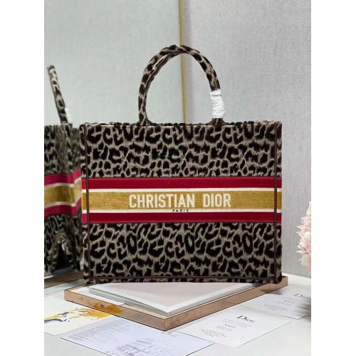 DIOR BOOK TOTE Broderie C1286-1 Imprimeu leopard maro
