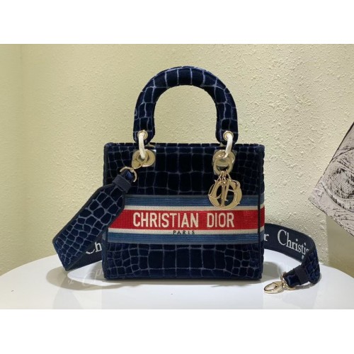 DIOR BOOK TOTE Catifea cu model crocodil M2030 Albastru închis
