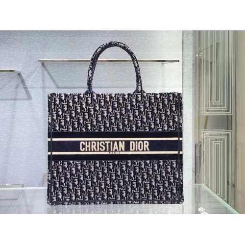 Geantă DIOR BOOK TOTE albastră Dior Oblique din catifea brodată M1286Z