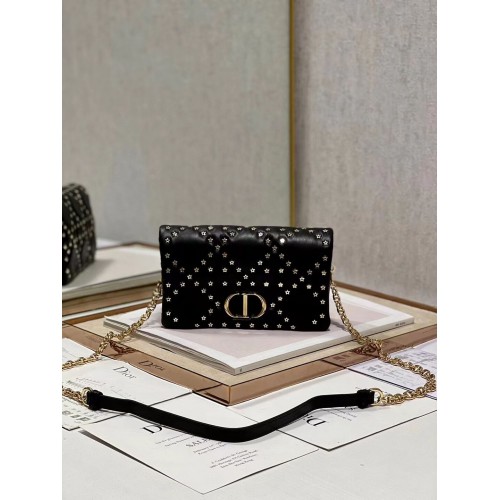 DIOR CARO MACROCANNAGE POUCH Piele de vițel Macrocannage cu motiv stea S5135UNH negru și auriu
