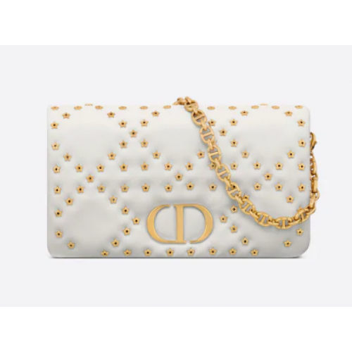 DIOR CARO MACROCANNAGE POUCH Piele de vițel Macrocannage cu motiv stea S5135UNH alb și auriu
