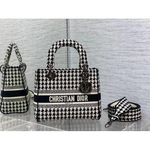 Geantă DIOR LADY D-LITE cu broderie Houndstooth alb-negru M0566BRE-4