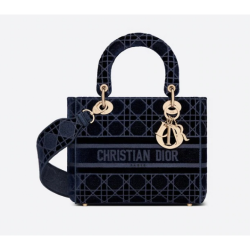 GEANTĂ DIOR MEDIE LADY D-LITE Catifea brodată Cannage albastră M0565