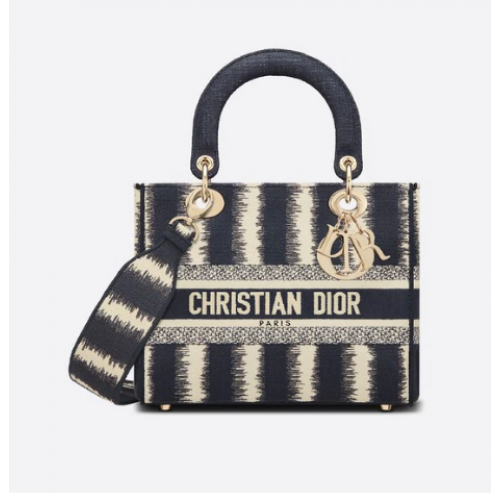 Geantă Dior Medium Lady D-LITE, broderie albastră cu dungi D M0565