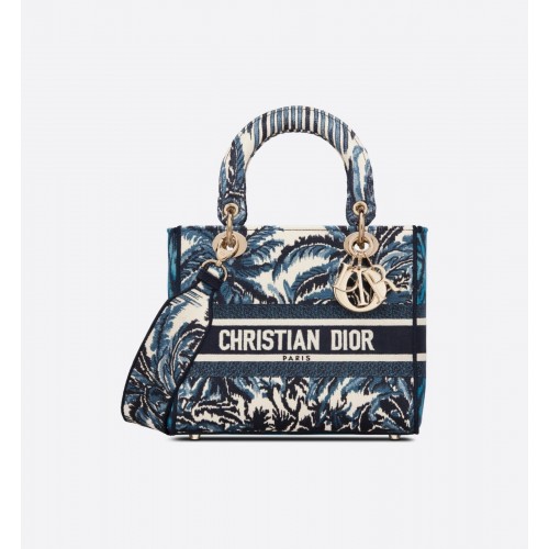 Geantă DIOR medie LADY D-LITE albastru închis cu broderie Cannage Tree M0565OREY Albastră
