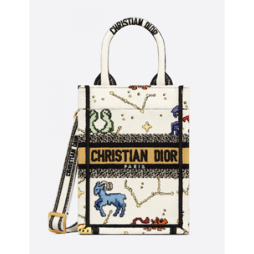 DIOR MINI DIOR BOOK TOTE GEANTĂ DE TELEFON Latte Multicolor Dior Pixel Zodiac Embroidery S5555CR