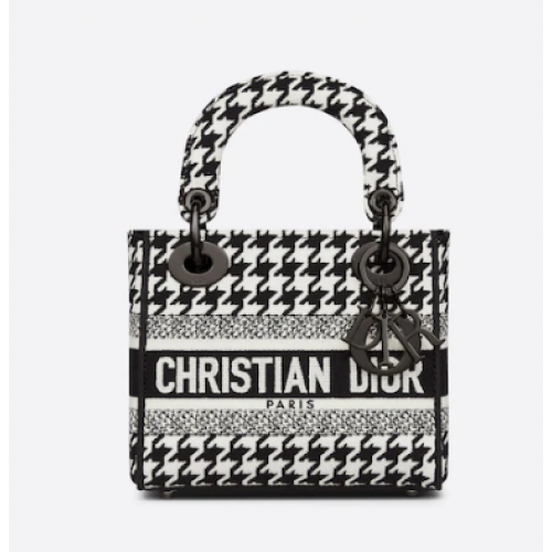 Geantă DIOR MINI LADY D-LITE Broderie Houndstooth Alb-Negru M0500BZ