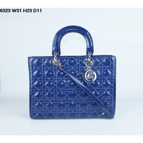 Geantă Christian Lady Dior din piele albastră lacuită 6323 argintie