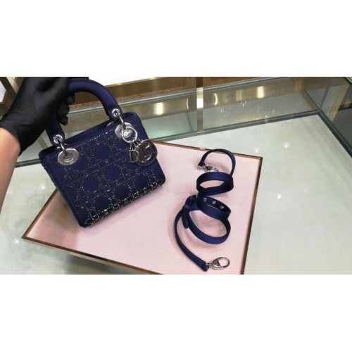 Geantă Dior Lady Original cu incrustații de satin de mătase 2369 Bleumarin