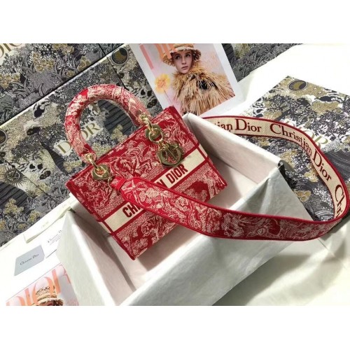Dior GEANTĂ MEDIE LADY D-LITE Flori Brodate Denim M0565OJA Roșu