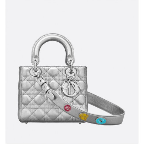 Geantă Dior cu insigne norocoase din piele de oaie originală A88035 argintie