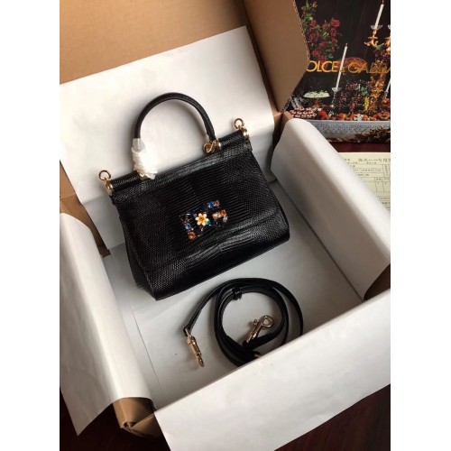 Dolce Gabbana Geantă originală din piele de șopârlă cu logo floral BB4137 Negru