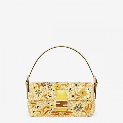 Geantă FENDI BAGUETTE 1997 FF Vertigo din jacquard cu broderie 8BR792 galbenă