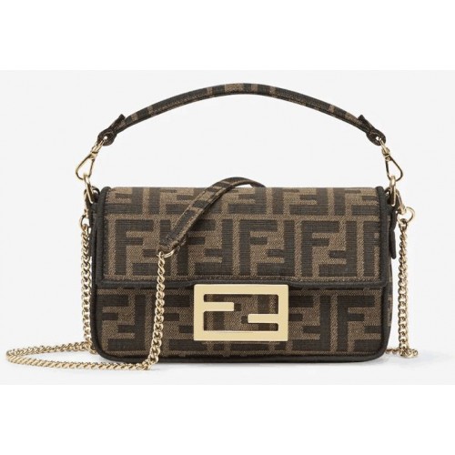 Geantă FENDI MINI BAGUETTE CHAIN FF din material textil 8852 maro