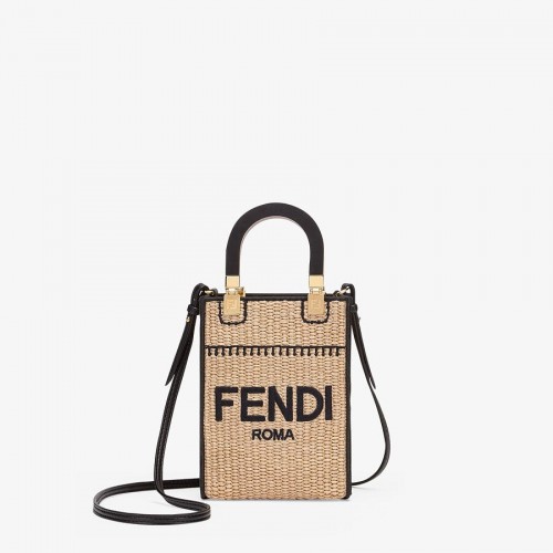 FENDI MINI SUNSHINE SHOPPER Mini-geantă din paie împletită 8BS051 caisă