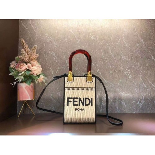 FENDI MINI SUNSHINE SHOPPER Mini-geantă din paie împletită 8BS051 caisă