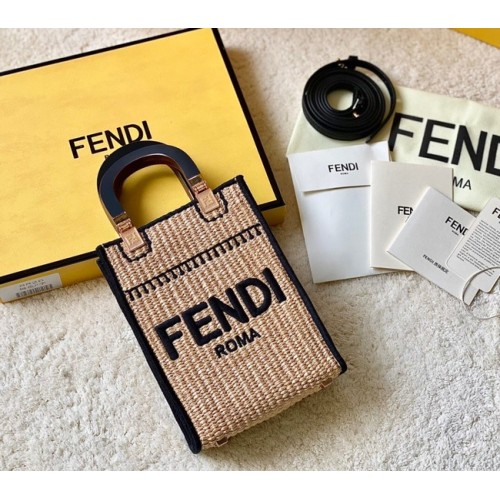 FENDI Mini Sunshine Shopper FF mini-geantă din rafie 8BS051A neagră