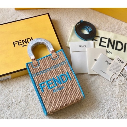 FENDI Mini Sunshine Shopper FF mini-geantă din rafie 8BS051A albastră
