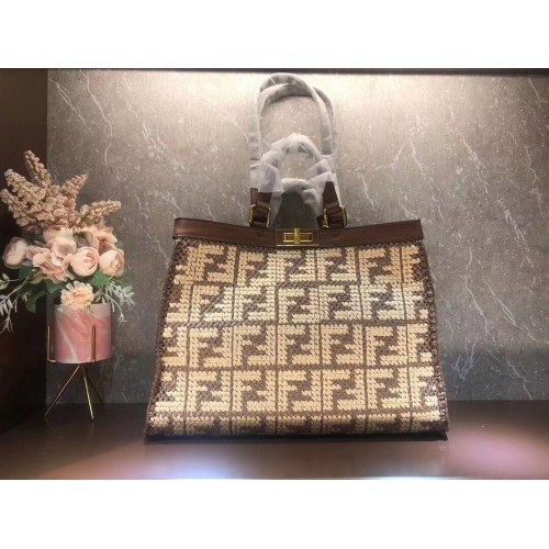 Geantă FENDI PEEKABOO X-TOTE FF din rafie 8BH374A maro