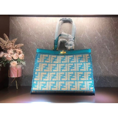 Geantă Fendi PEKABOO X-TOTE FF Raffia 8BH374A Albastru deschis