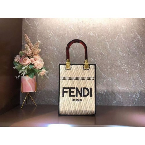 FENDI SUNSHINE SHOPPER Geantă medie din paie împletită F1620 bej
