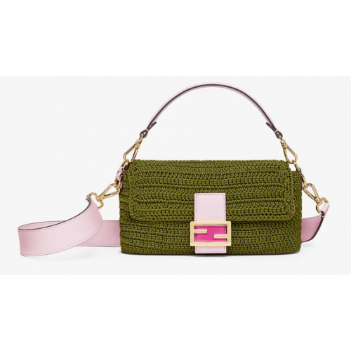 Geantă Fendi BAGUETTE verde din bumbac croșetat 8BR600