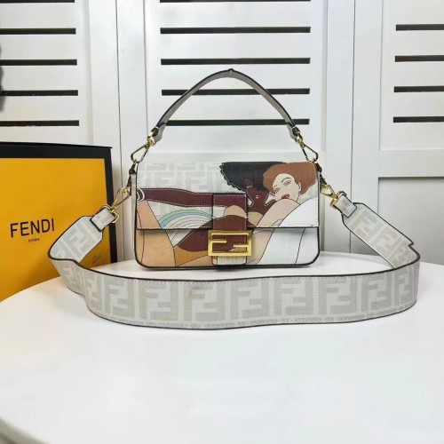 Geantă Fendi FF din material textil glazurat cu incrustații Baguette F0705 gri