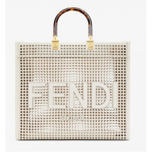 Geantă shopper Fendi Sunshine Medium din piele perforată în două tonuri 8BH386A albă
