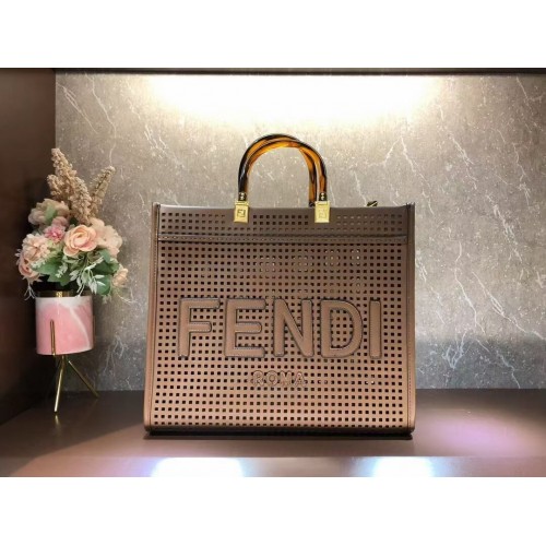 Geantă shopper Fendi Sunshine Medium din piele perforată în două tonuri 8BH386A Cafea