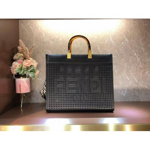 Geantă shopper Fendi Sunshine Medium din piele perforată în două tonuri 8BH386A neagră