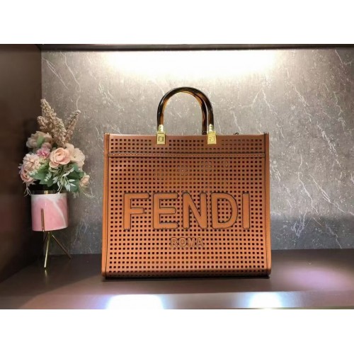 Geantă shopper Fendi Sunshine Medium din piele perforată în două tonuri 8BH386A maro